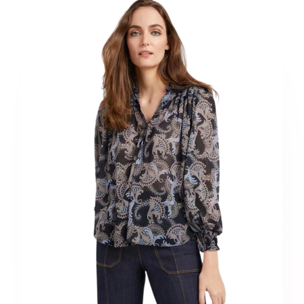 🐾Cinq à Sept Black and Blue plume print raven blue multi size S NWT